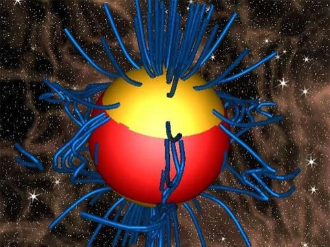 Žlutě: hory na magnetických pólech neutronové hvězdy (druhá, nacházející se na vzdáleném pólu, je očím prakticky skryta). Modře: siločáry magnetického pole.