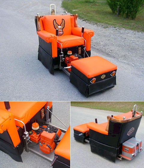 Křeslo od  Armchair Cruisers s malým benzínovým motorem, které je vyrobeno ve stylu Harley-Davidson, dosahuje maximální rychlosti 64 kilometrů v hodině