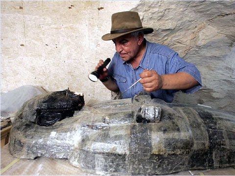 Zahi Hawass, generální tajemník vrchního zastupitelství pro starověké památky, v Gize v Egyptě. 