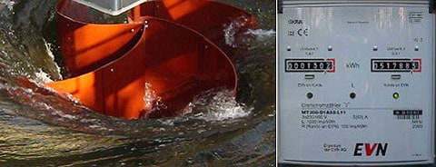 Jak vidíme, turbína je svou formou a složením primitivní, přesto má má slušnou výkonnost. Zprava: počítadlo ukazuje téměř 52 MW/h, které vynálezce prodal energetické společnosti EnergieVersorger Niederösterreichs