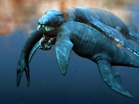 Na obrázku si pliosaurus ke svačince dává plesiosaura